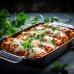 Cannelloni ricotta e spinaci ben farciti, coperti con salsa di pomodoro e besciamella, decorati con parmigiano grattugiato