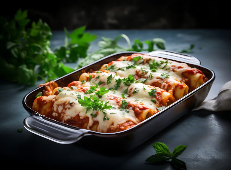 Cannelloni ricotta e spinaci ben farciti, coperti con salsa di pomodoro e besciamella, decorati con parmigiano grattugiato