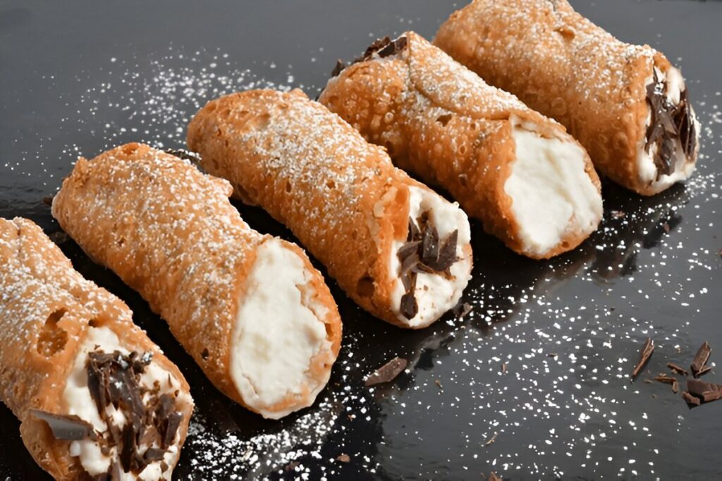 Cannoli classici siciliani con crema di ricotta e gocce di cioccolato