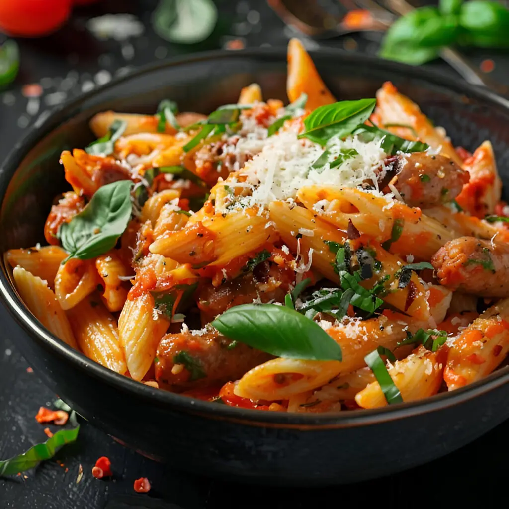 Pasta al pomodoro e basilico con foglie fresche di basilico.