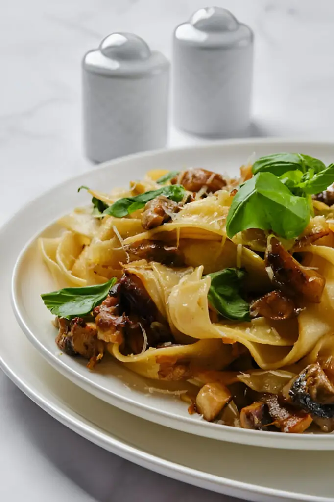 Pasta con crema di melanzane servita in piatti eleganti, guarnita con ricotta salata e basilico fresco