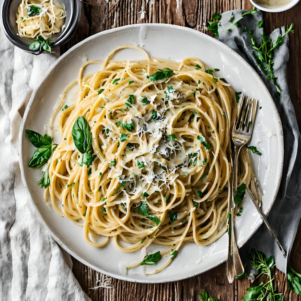 Pasta aglio, olio e peperoncino servita elegantemente.

