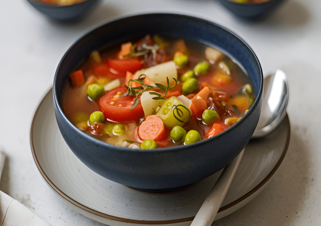 Minestrina di Verdure leggera e saporita con carote, zucchine e legumi in una ciotola rustica