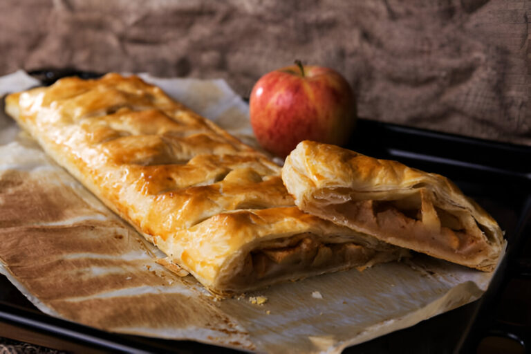 Strudel di mele dorato e croccante servito su un piatto elegante