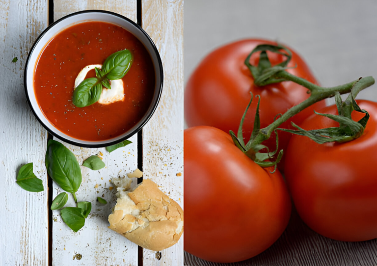 Zuppa Caprese alla Napoletana con pomodori, mozzarella di bufala e basilico fresco in una ciotola rustica