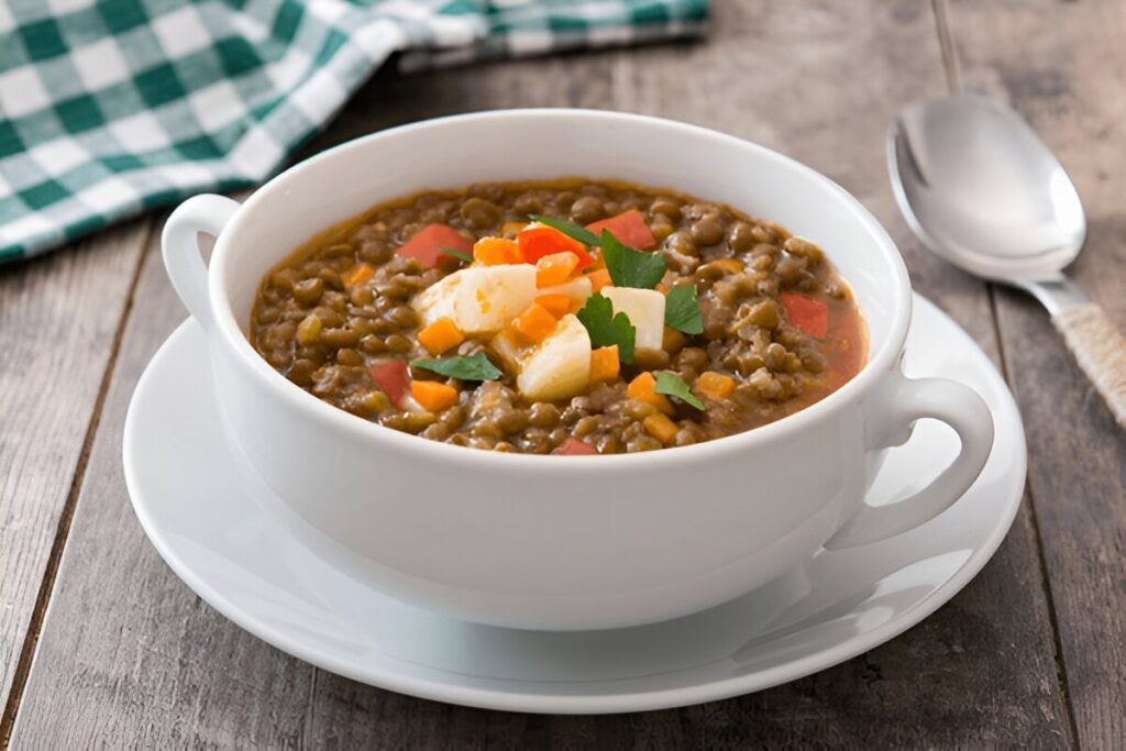 Zuppa di lenticchie appena sfornata, guarnita con prezzemolo fresco