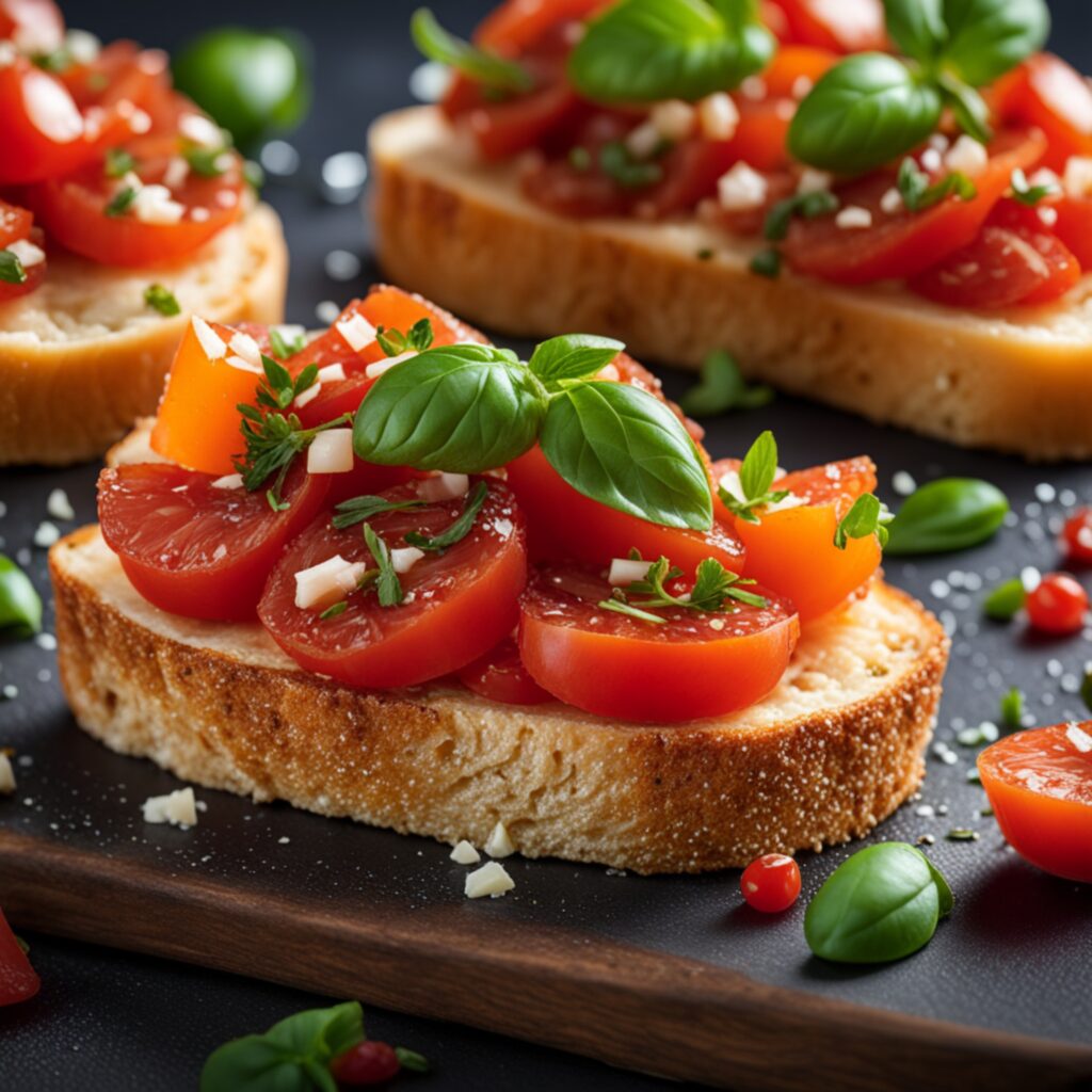 Bruschetta al Pomodoro fresca e colorata su un piatto rustico, guarnita con foglie di basilico e un filo di olio extravergine d'oliva