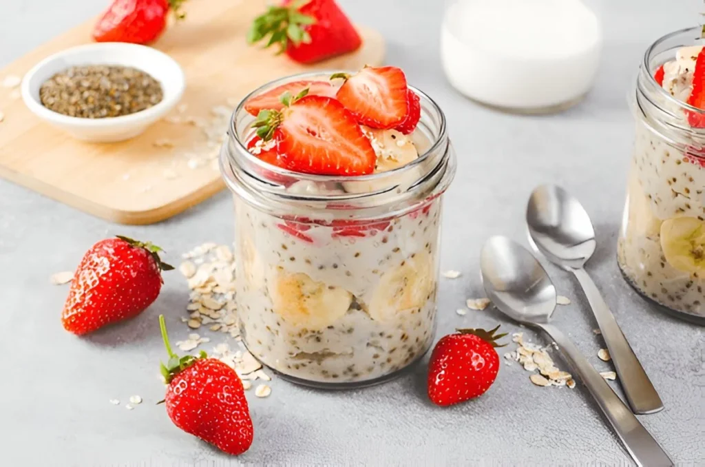 Overnight Oats con Frutta Fresca | La Colazione Sana 3 Avena, semi di chia e frutta su tavolo di legno